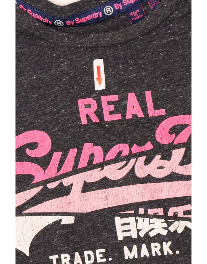 Superdry Damen Grafik-T-Shirt-Oberteil UK 10 Small Grau gefleckte Baumwolle