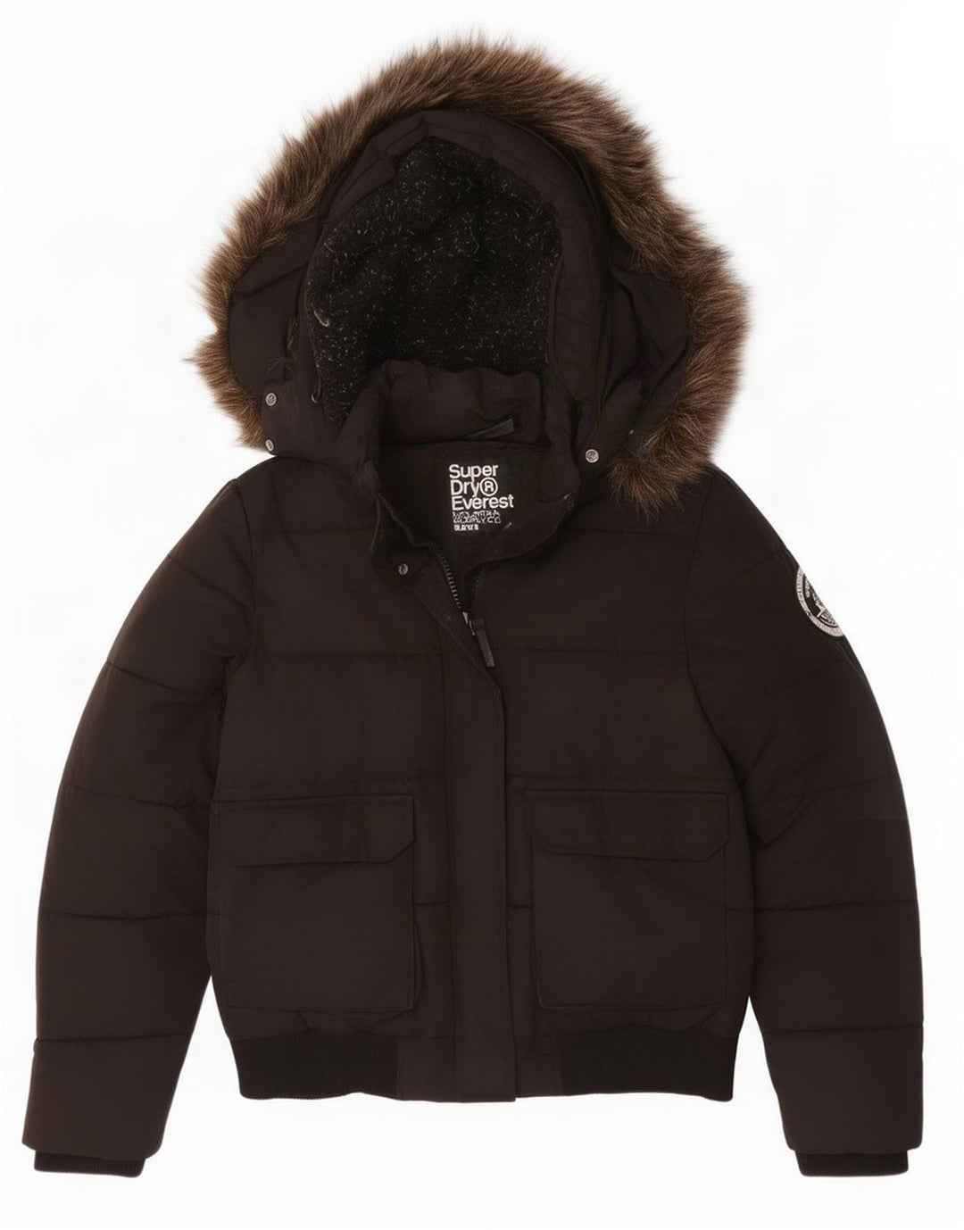 Superdry Damen-Kapuzen-Übergröße, wattierte Jacke, UK 16, Größe L, Schwarz, Polyester