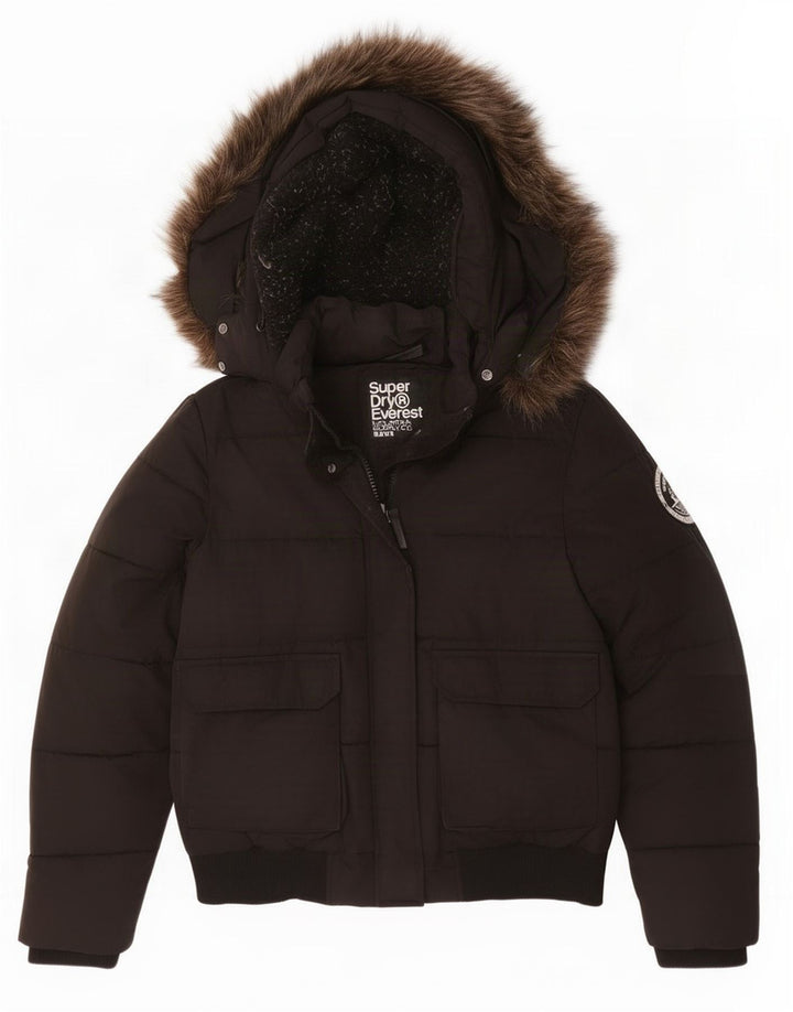 Superdry Damen-Kapuzen-Übergröße, wattierte Jacke, UK 16, Größe L, Schwarz, Polyester