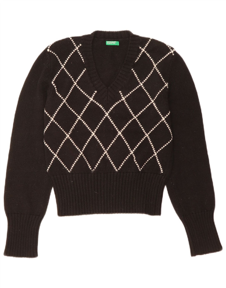 Benetton Damen-Pullover mit V-Ausschnitt, Gr. 12, mittelschwarz, Argyle/Diamant