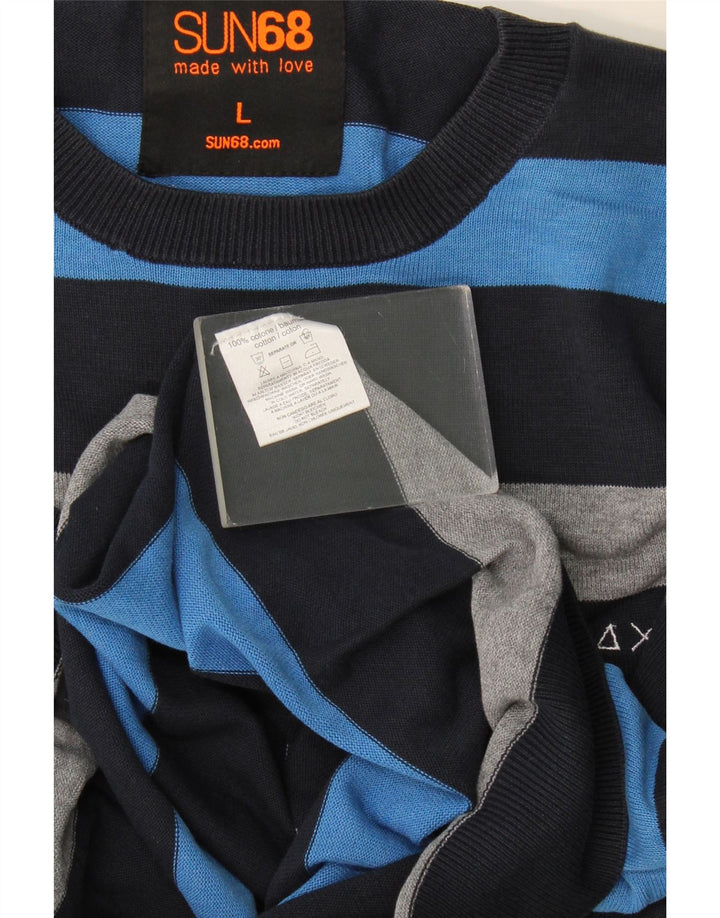 Sun68 Herren-Pullover mit Rundhalsausschnitt, groß, blau gestreift, Baumwolle