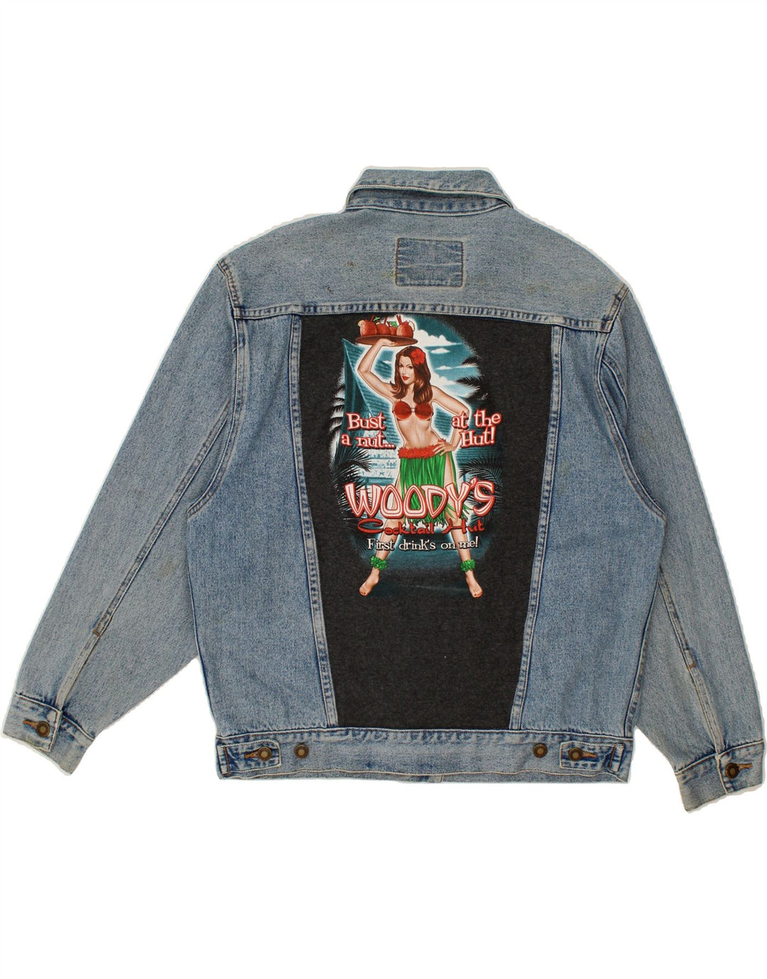 VINTAGE Womens Oversized Graphic Denim Jacket UK 10 Small Blue Vintage Vintage and Second-Hand Vintage from Messina Hembry 