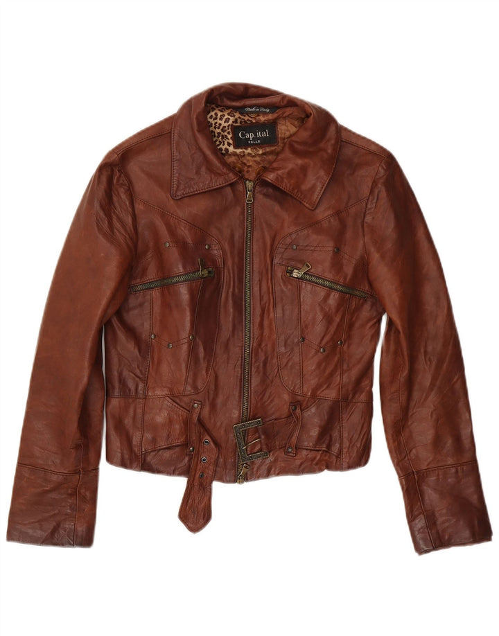 CAPITAL Damen Crop Lederjacke UK 10 Small Braunes Leder