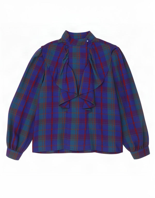 Vintage Damen Bluse mit Rüschen vorne und langen Ärmeln, UK 12, Mittelblau kariert