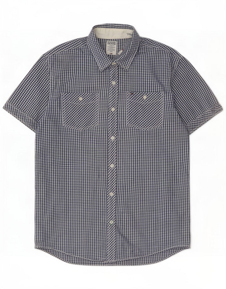 Tommy Hilfiger Herrenhemd, groß, blaue Gingham-Baumwolle