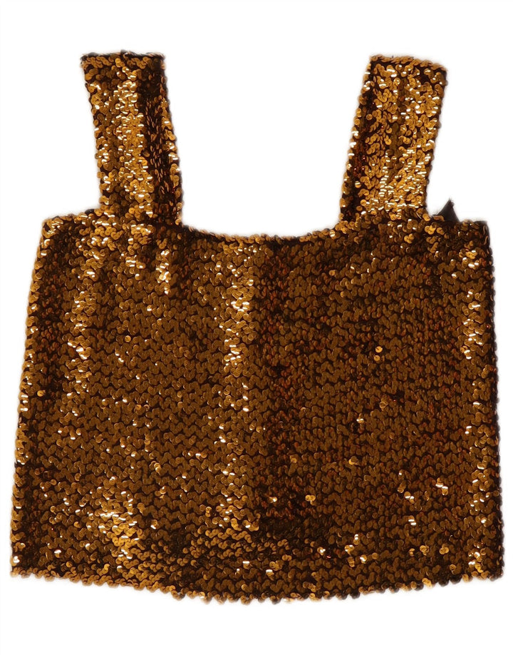 Vintage Damen Ärmelloses Pailletten-Crop-Top UK 12 Medium Gold