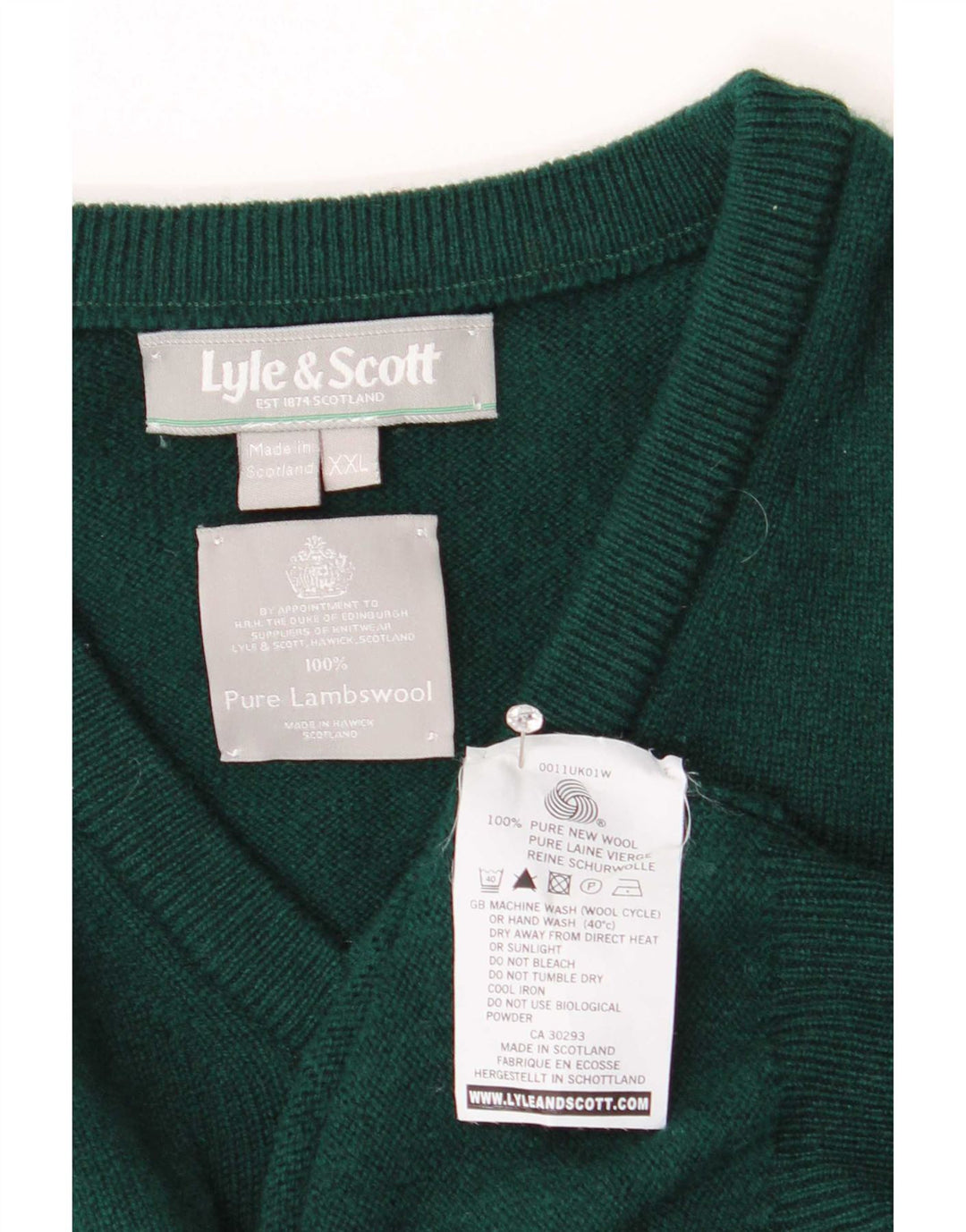 Lyle & Scott Herren-Pullover mit V-Ausschnitt, 2XL, grüne Wolle