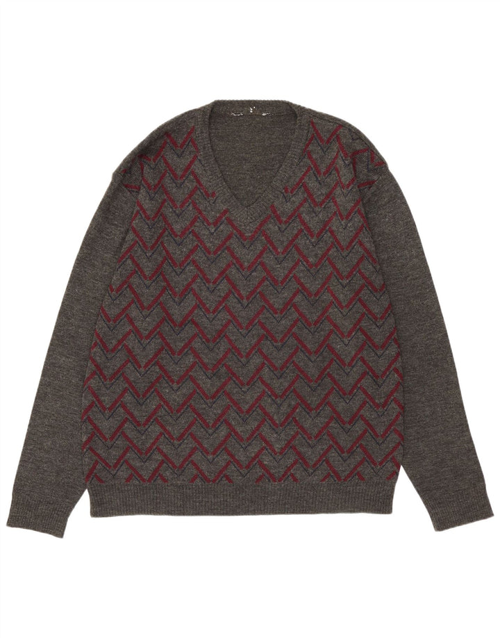 Vintage Herren Pullover mit V-Ausschnitt, mittelgrau, Argyle/Diamant-Acryl