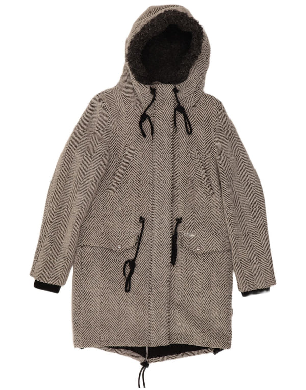 KHUJO Damen-Parka mit Kapuze, UK 14, Größe L, grau, Fischgrätenmuster, Polyester