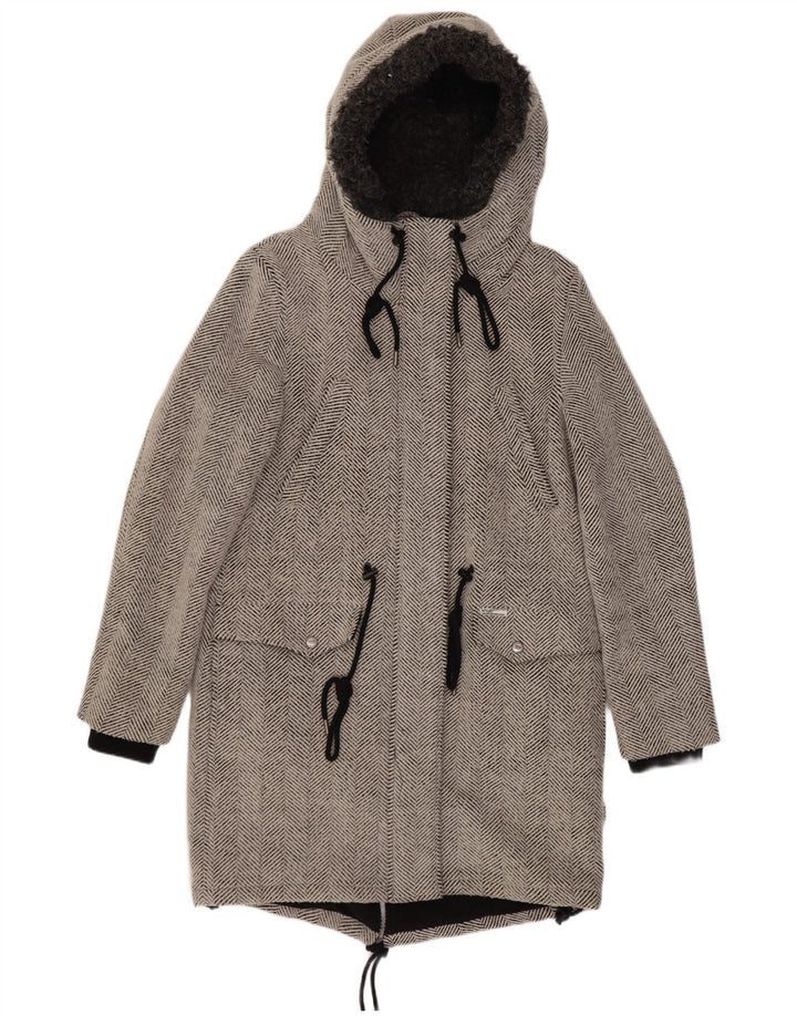 KHUJO Damen-Parka mit Kapuze, UK 14, Größe L, grau, Fischgrätenmuster, Polyester