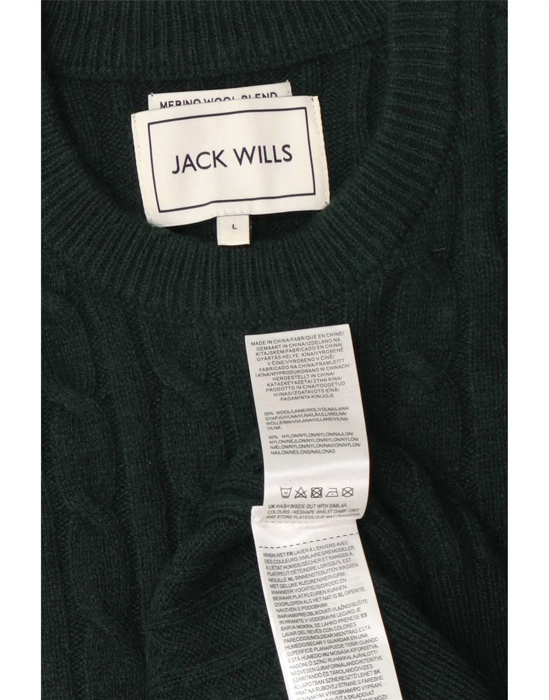 Jack Wills Herren-Pullover mit Rundhalsausschnitt, Größe L, grüne Wolle