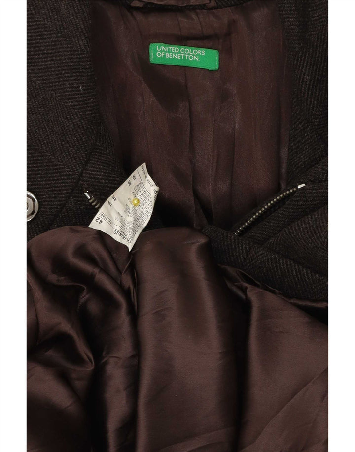 Benetton Damen Mantel IT 42 Mittelbraune Wolle mit Fischgrätenmuster