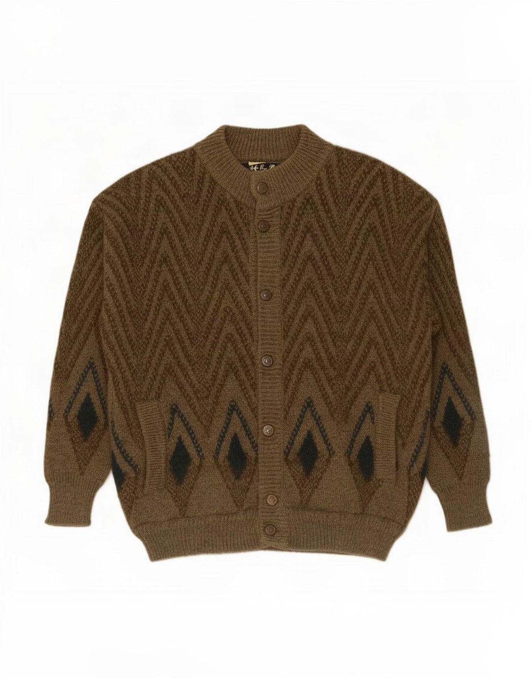 Vintage Herren Cardigan Pullover Medium Khaki Geometrische Wolle