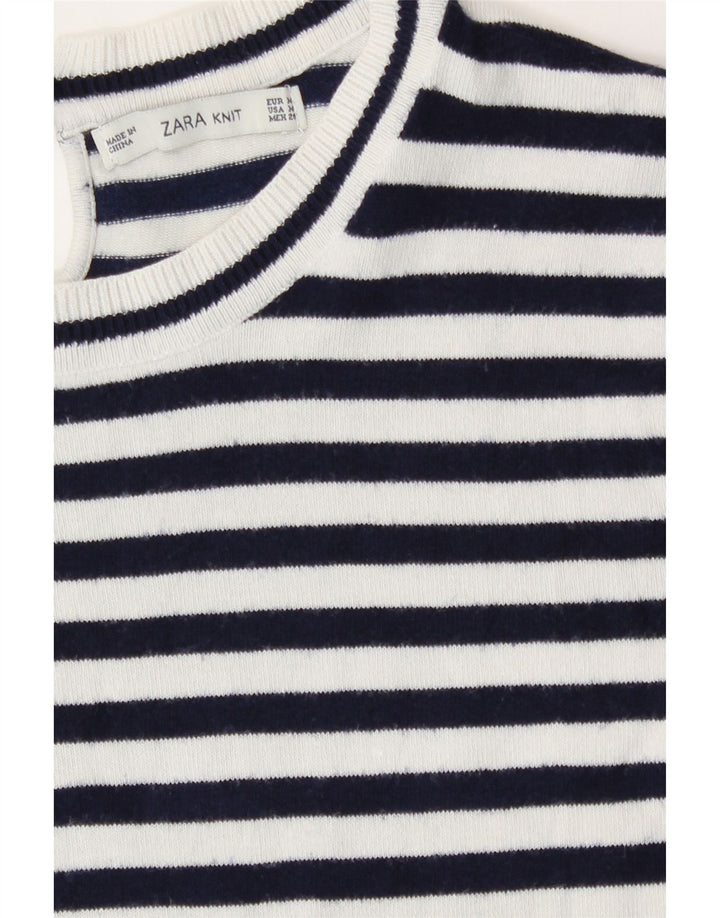 Zara Damen T-Shirt Top UK 12 Medium Marineblau gestreift