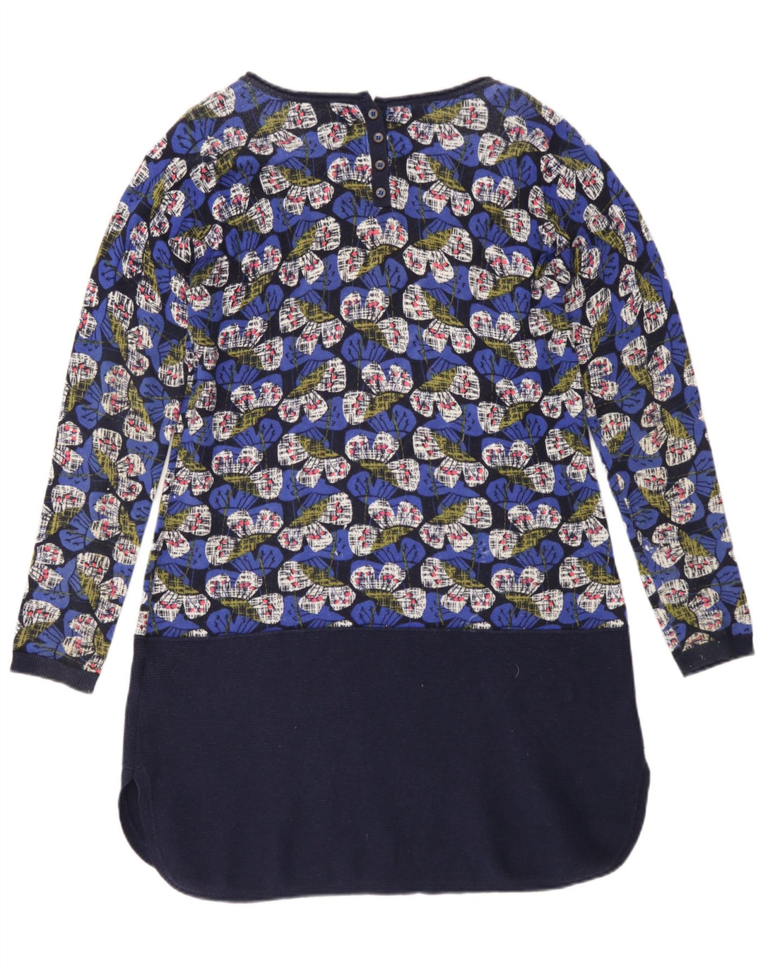 White Stuff Damen-Etuikleid mit langen Ärmeln, UK-Größe 12, mittelblaue Baumwolle mit Blumenmuster