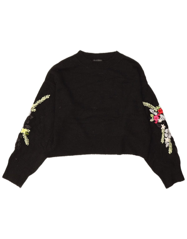 Topshop Damen-Pullover mit bauchfreiem U-Boot-Ausschnitt, Gr. 10, Größe S, Schwarz, Blumenmuster
