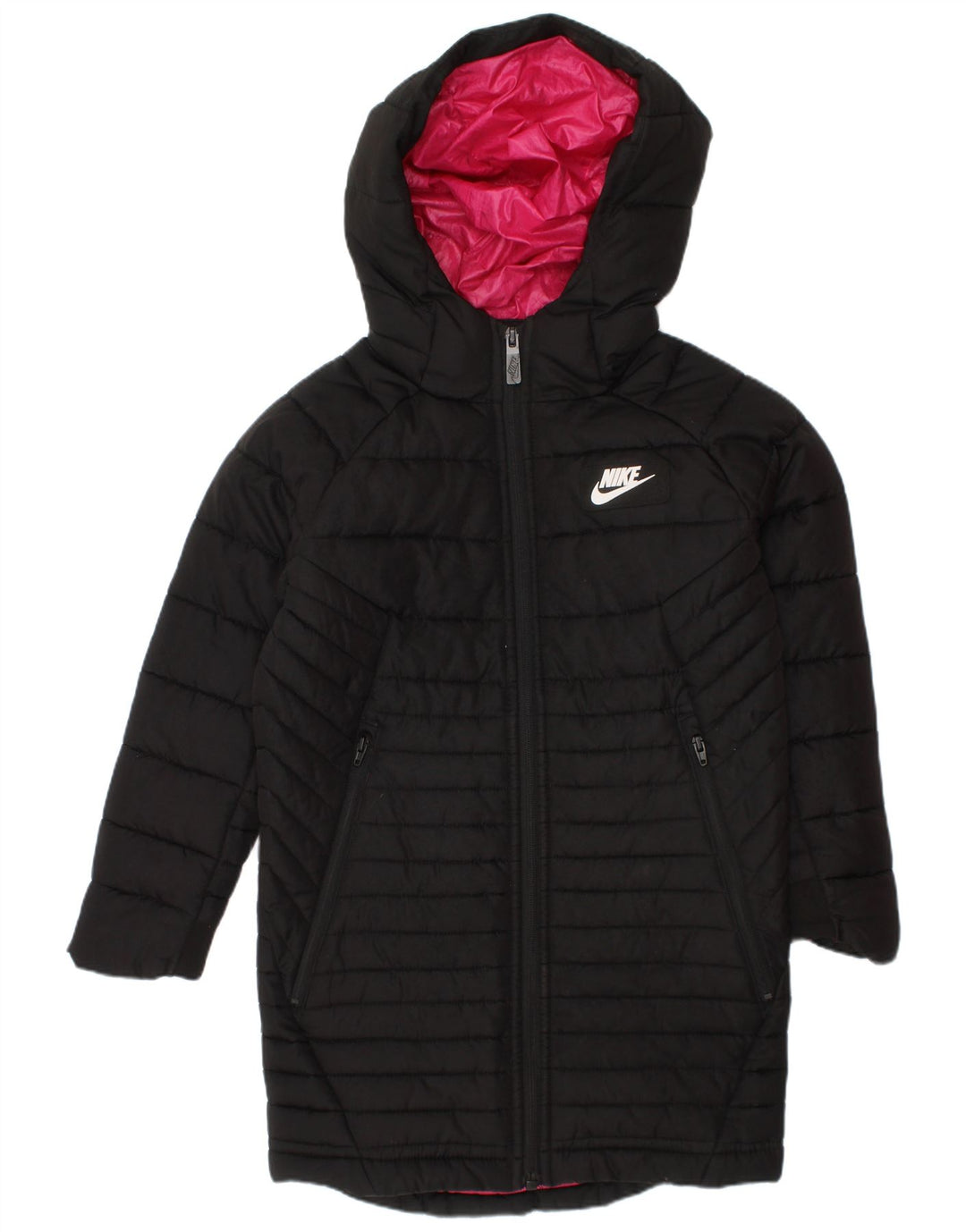 Nike Mädchen-Kapuzenmantel, gepolstert, 4–5 Jahre, Größe S, Schwarz, Polyester