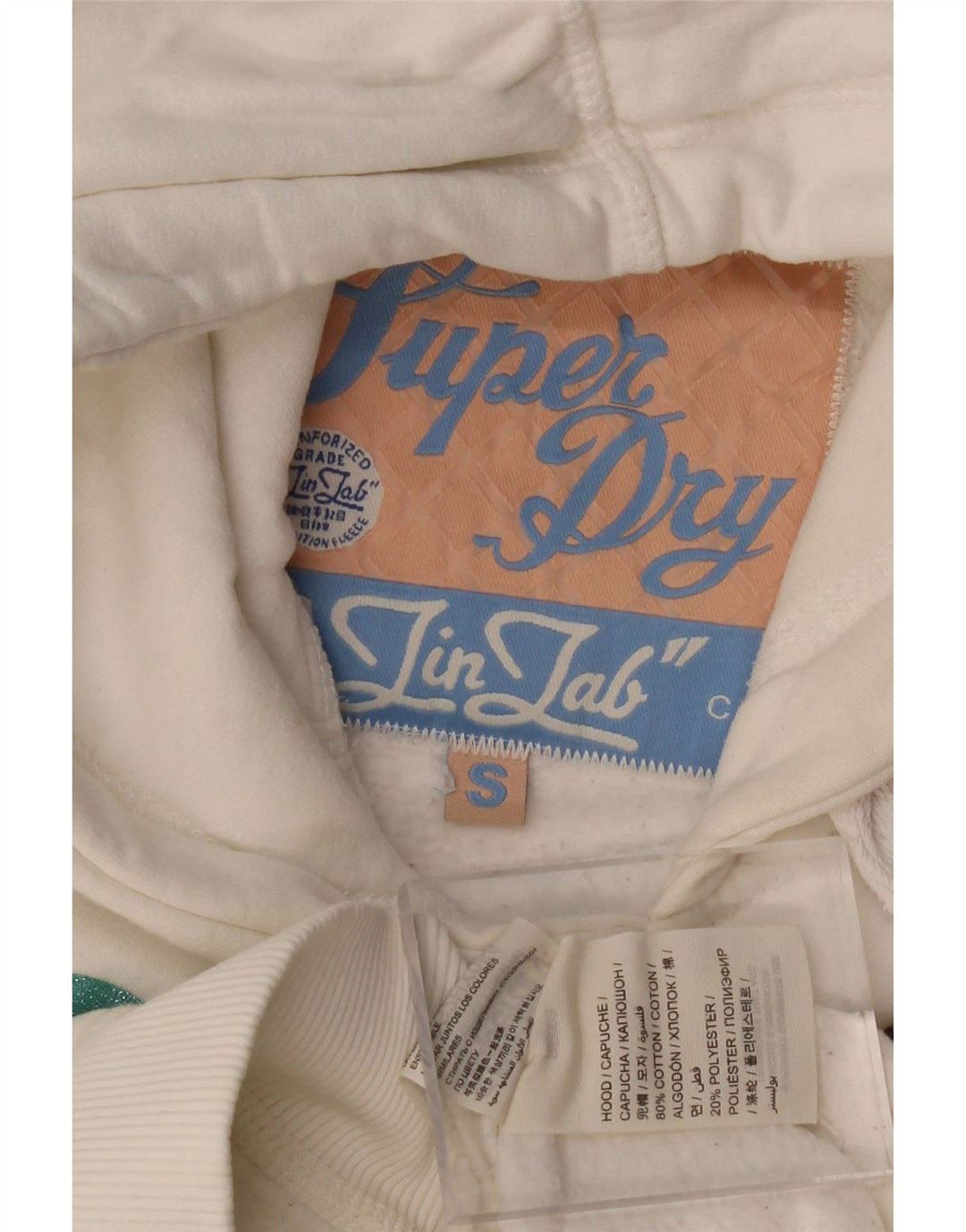 SUPERDRY Damen-Kapuzenpullover mit Grafik, UK 10, Größe S, weiße Baumwolle