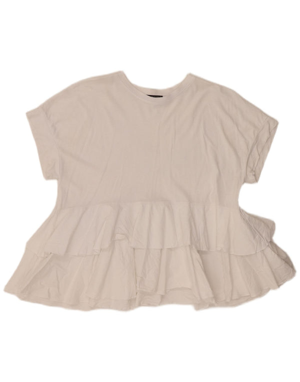 Zara Damen-Blusenoberteil mit Rüschen vorne, UK 10, Größe S, weiße Baumwolle