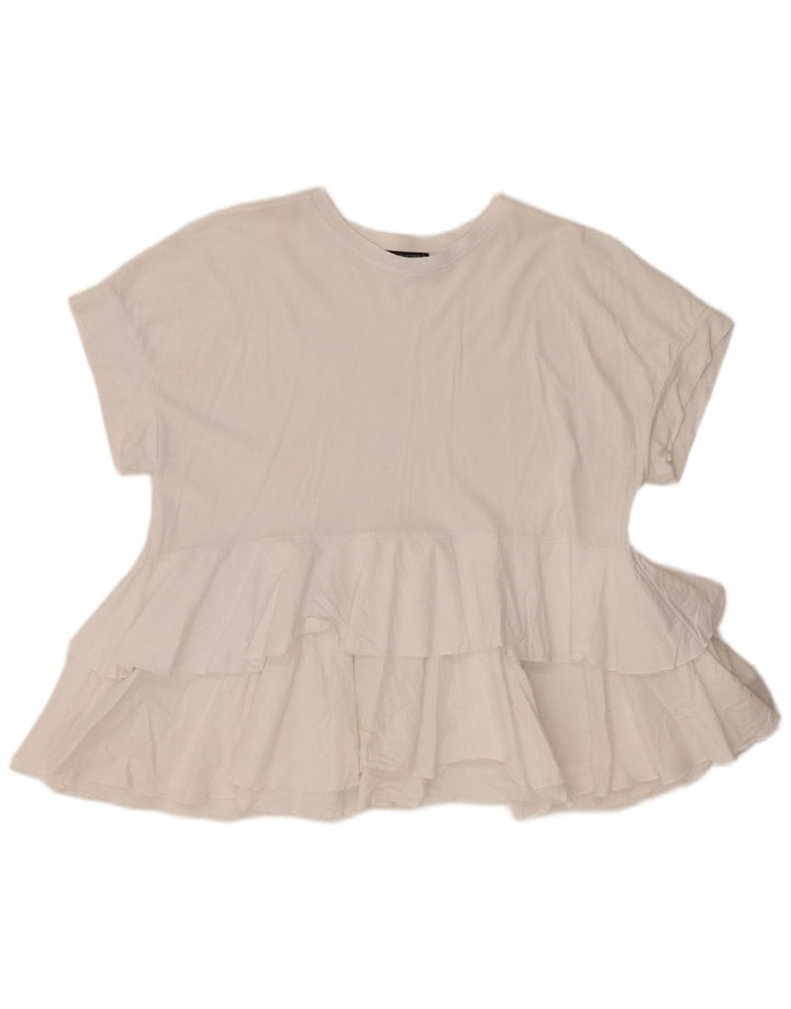 Zara Damen-Blusenoberteil mit Rüschen vorne, UK 10, Größe S, weiße Baumwolle
