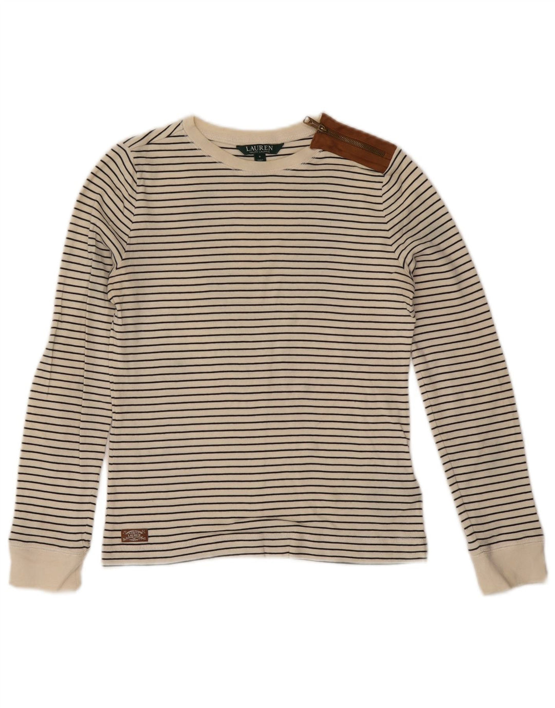 RALPH LAUREN Damen Top Langarm UK 10 Small Weiß gestreift Baumwolle