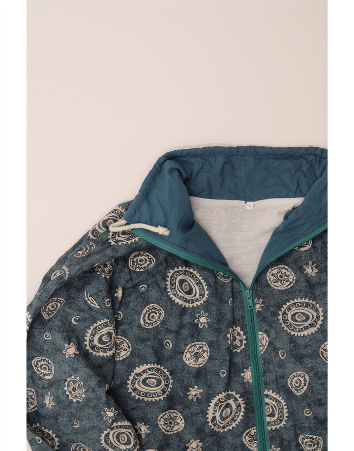 VINTAGE Womens Abstract Pattern Bomber Jacket UK 14 Large Blue Cotton Vintage Vintage and Second-Hand Vintage from Messina Hembry 