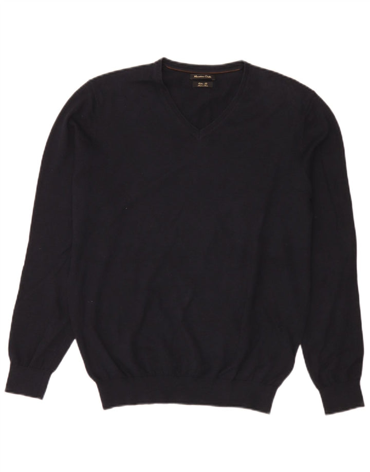 Massimo Dutti Herren-Pullover mit V-Ausschnitt aus mittelblauer Baumwolle