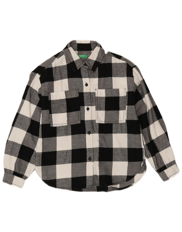 Benetton Mädchen-Flanellhemd mit lockerer Passform, 8–9 Jahre, groß, schwarzes Gingham-Baumwolle