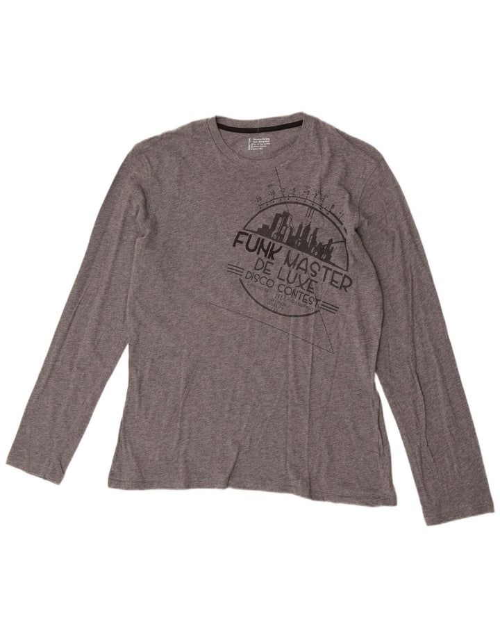 Benetton Herren Grafik-Oberteil, langärmelig, mittelgraue Baumwolle