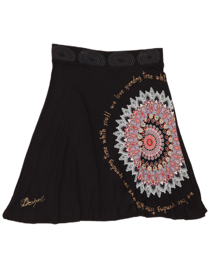 DESIGUAL Damen grafischer asymmetrischer A-Linien-Rock, Größe L, W32, Schwarz mit Blumenmuster