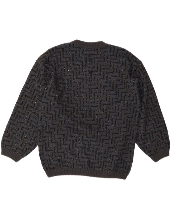 VINTAGE Damen-Pullover mit Rundhalsausschnitt, UK 16, große graue Chevron-Wolle