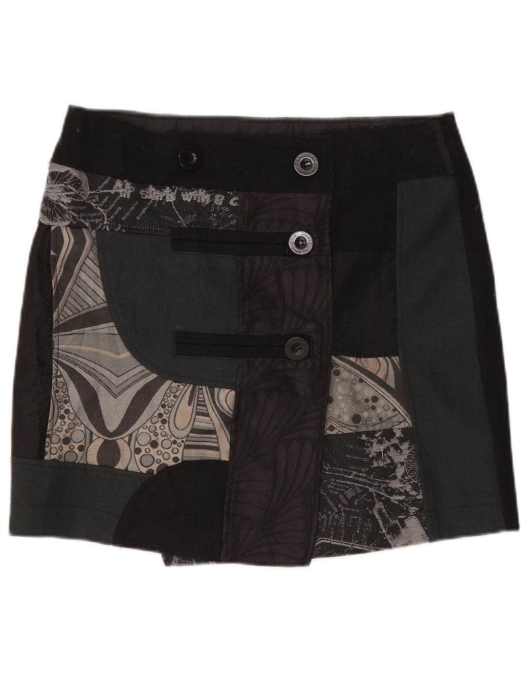 Desigual Damen Mini-Wickelrock EU 44 XL W35 Schwarze Patchwork-Wolle