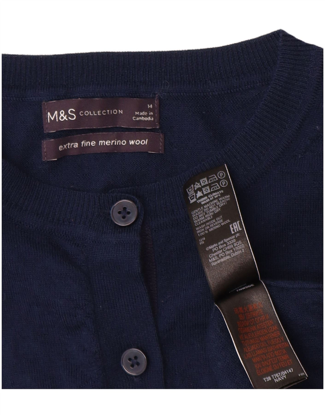 Marks & Spencer Damen-Cardigan-Pullover UK 14 Mittelmarineblaue Merinowolle