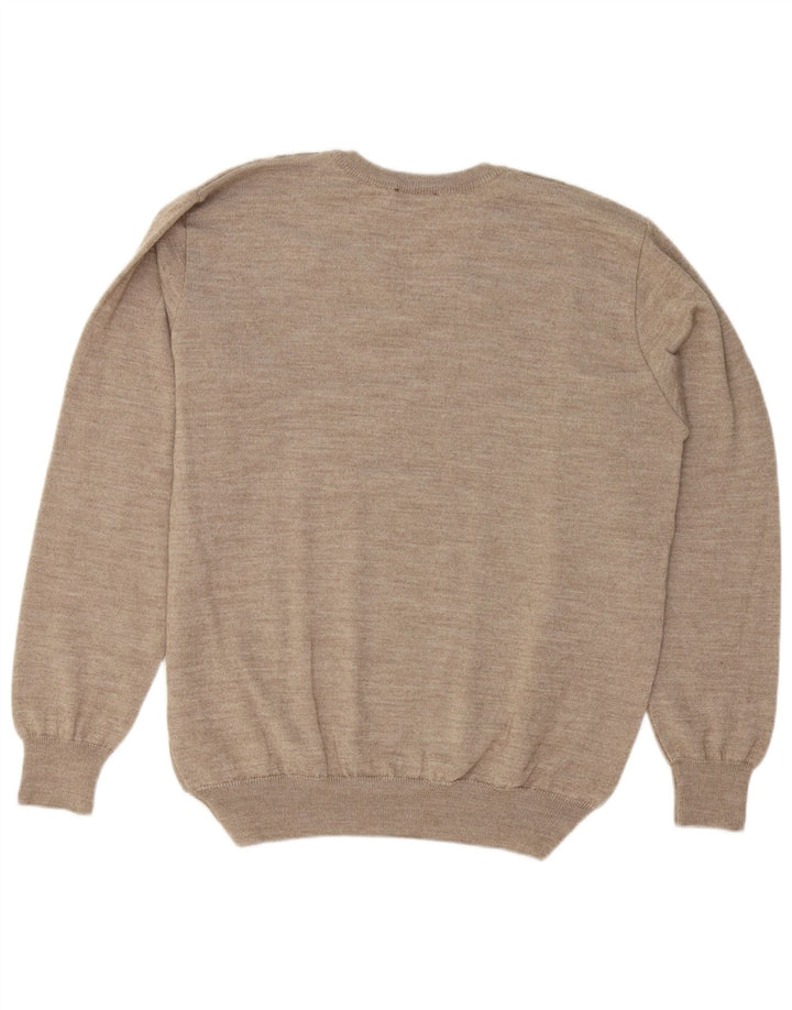 Les Corps Herren-Pullover mit V-Ausschnitt aus mittelbeiger, gestreifter Wolle