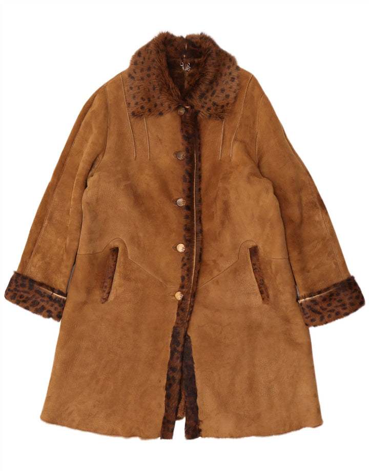 Vintage Damen Übergroßer Lammfellmantel UK 14 Mittelbrauner Tierdruck