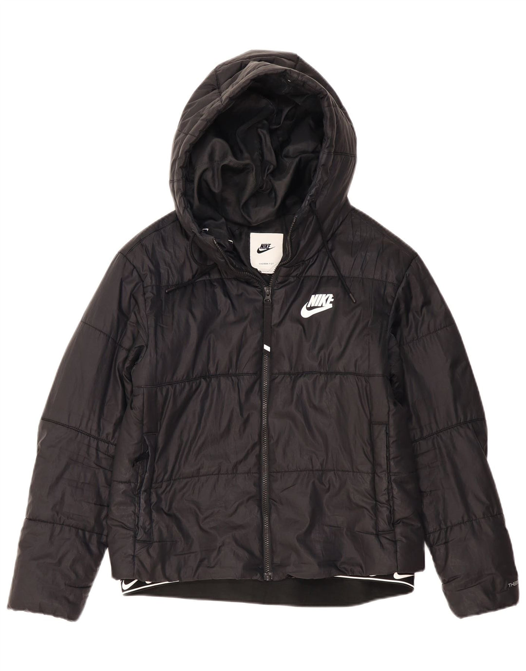 NIKE Womens Therma-Fit Hooded Padded Jacket UK 14 Medium Black Polyester Vintage Nike and Second-Hand Nike from Messina Hembry 