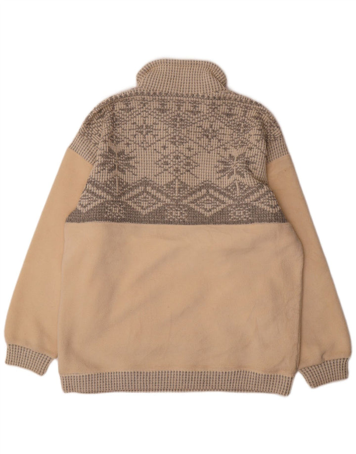 Vintage Herren-Fleecepullover mit Reißverschluss am Hals, groß, Beige, Fair-Isle-Polyester