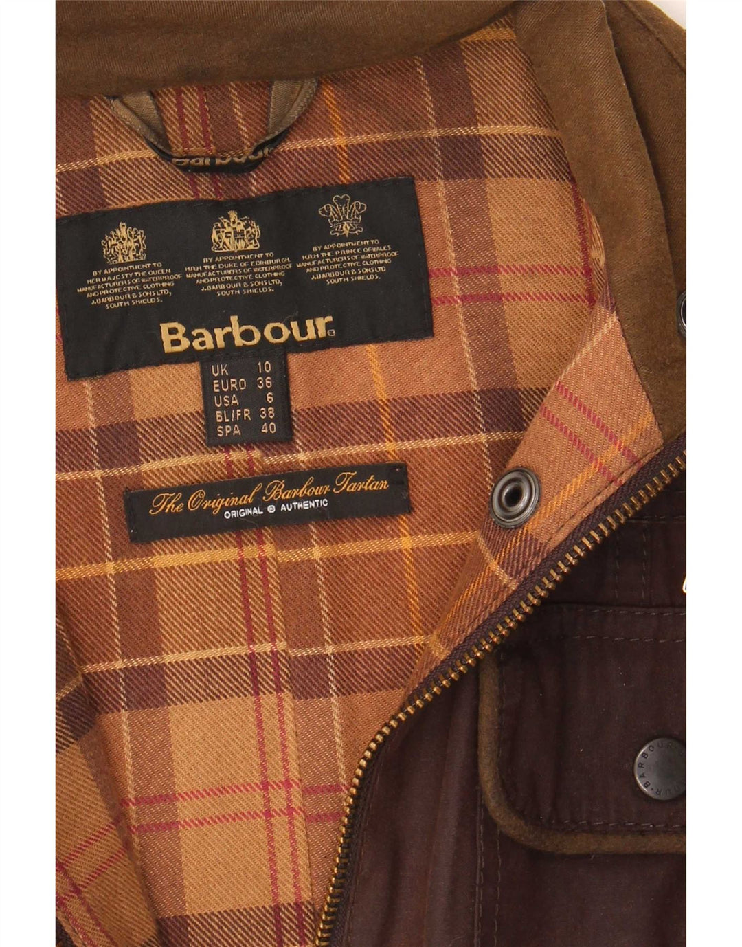 Barbour Damenjacke aus gewachster Baumwolle, UK 10, Größe S, Braun