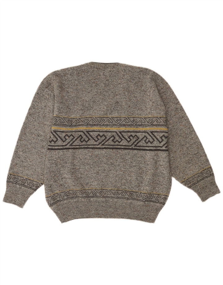 VINTAGE Herren Pullover mit V-Ausschnitt IT 52 Große graue geometrische Wolle