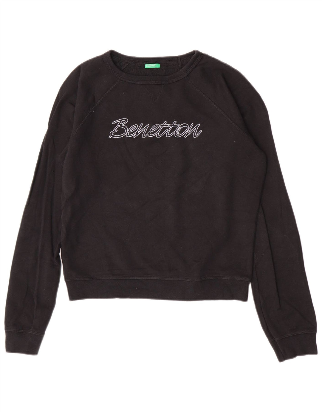 Benetton Womens Crop Graphic Sweatshirt Pullover UK 14 Medium Schwarz