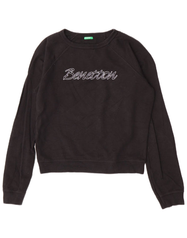 Benetton Womens Crop Graphic Sweatshirt Pullover UK 14 Medium Schwarz