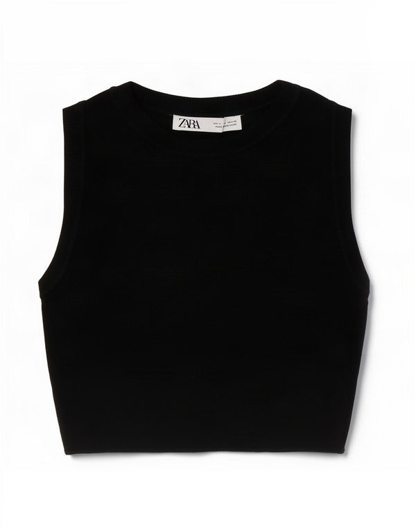 Zara Damen Crop Vest Top UK 12 Mittelschwarze Viskose