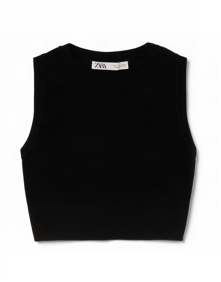 Zara Damen Crop Vest Top UK 12 Mittelschwarze Viskose
