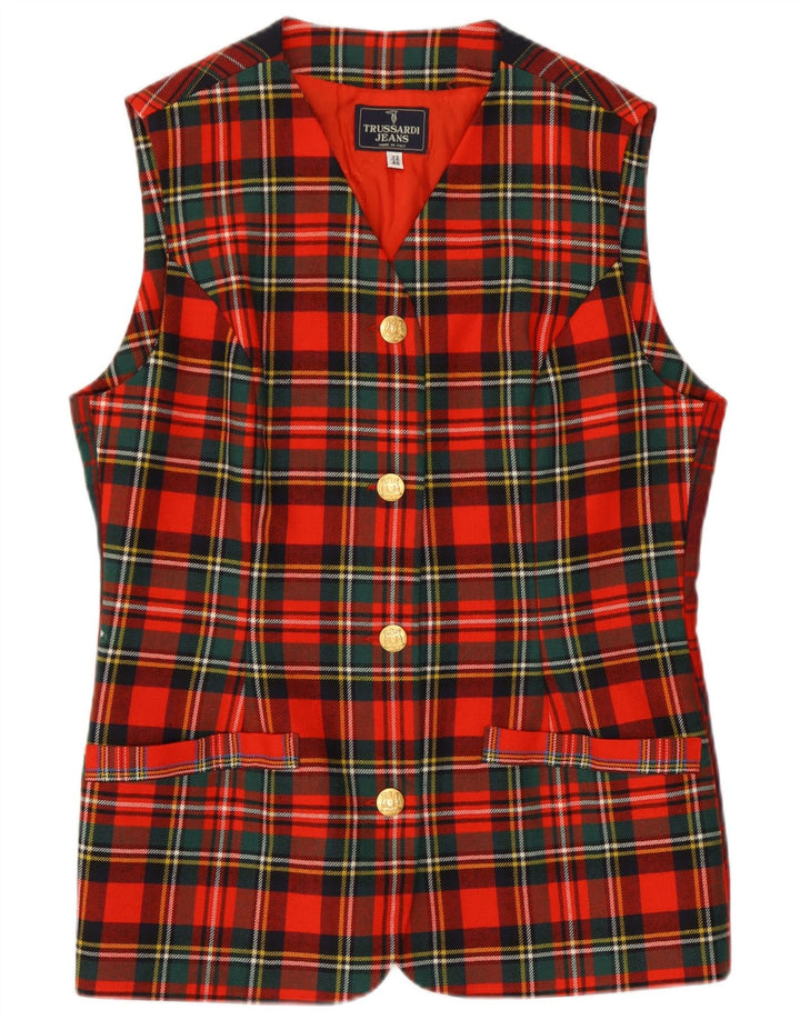 Trussardi Damen Longline-Weste IT 46 Große rote karierte Schurwolle