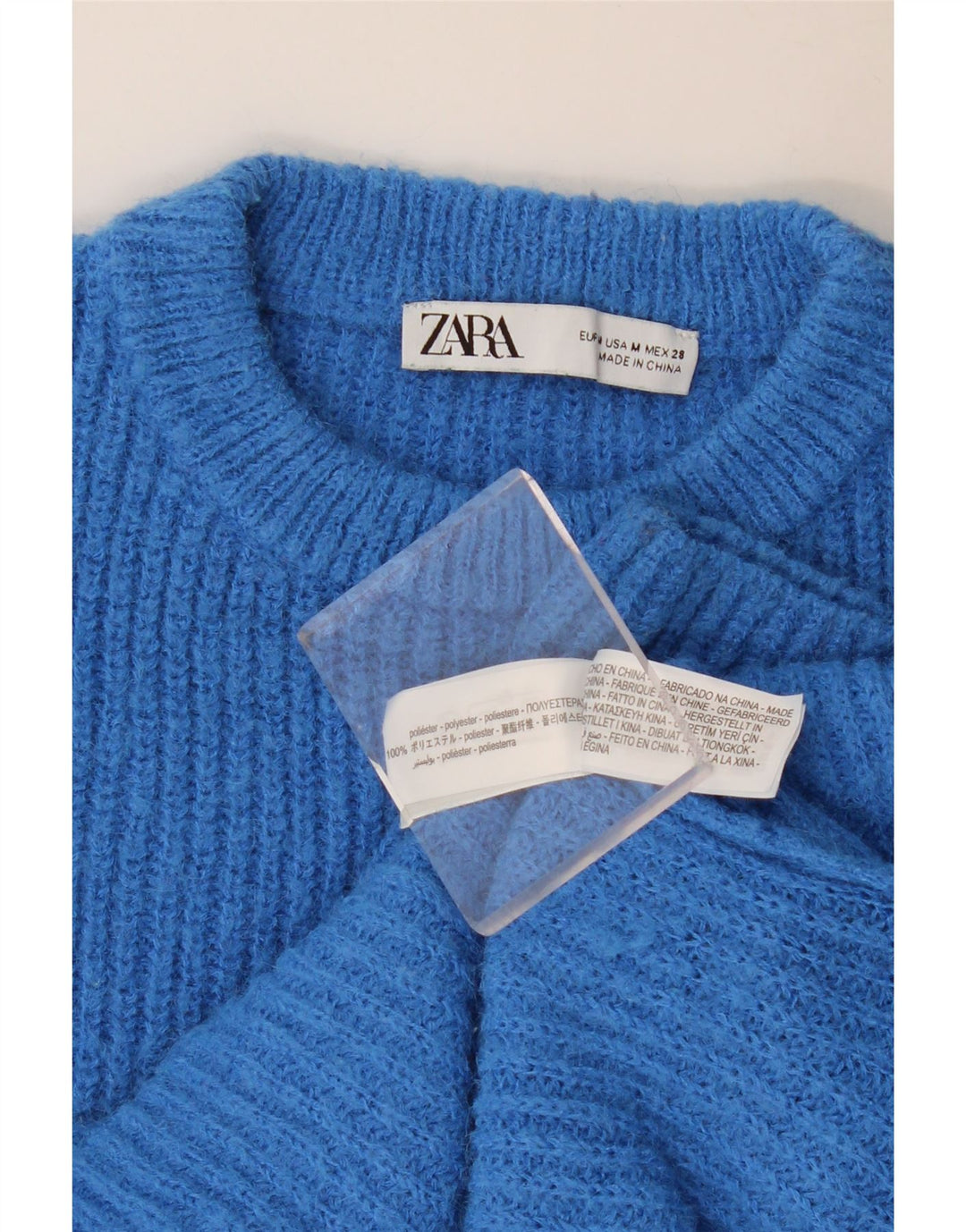 Zara Damen Crop Crew Neck Pullover Pullover UK 12 Mittelblaues Polyester