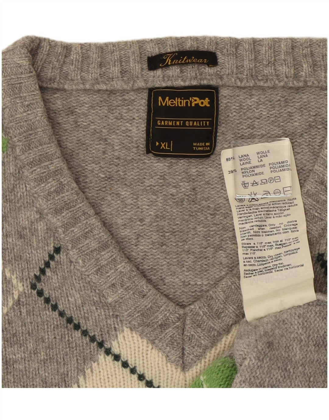 Meltin' Pot Herren-Pullover mit V-Ausschnitt, XL, graue Argyle-/Diamantwolle