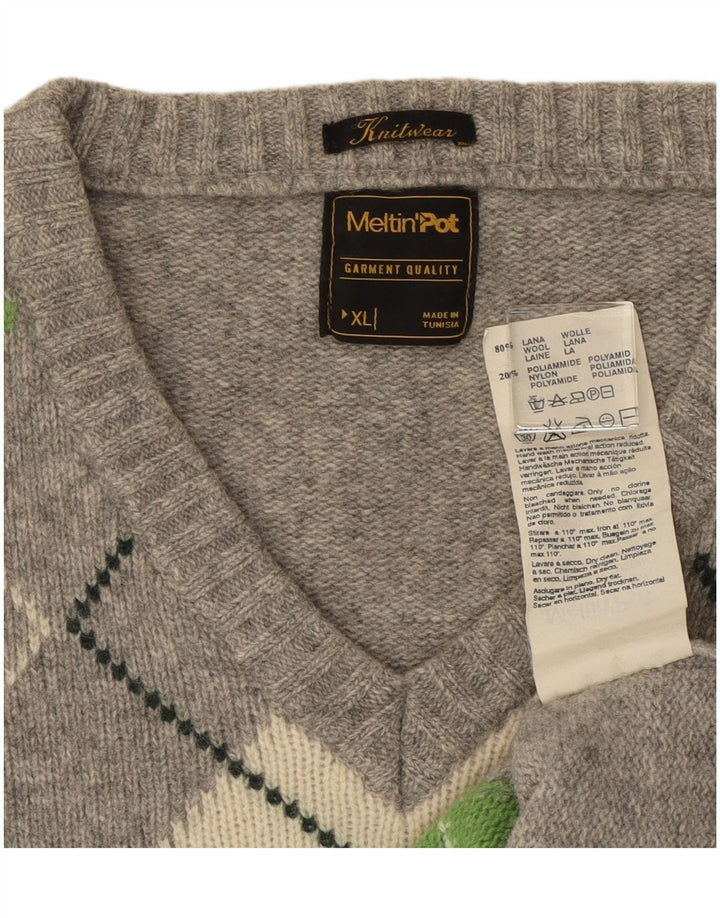 Meltin' Pot Herren-Pullover mit V-Ausschnitt, XL, graue Argyle-/Diamantwolle