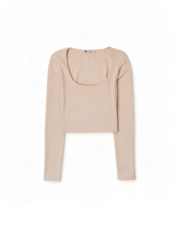 Zara Damen Crop Top Langarm UK 4 XS Weiß Nylon
