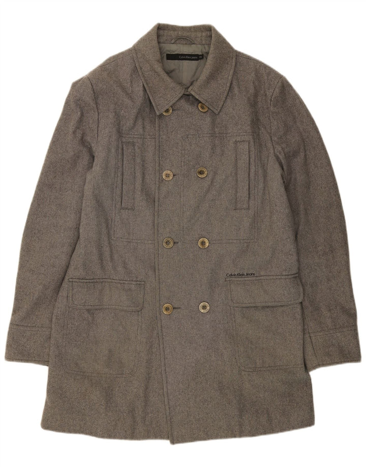 CALVIN KLEIN Mens Double Breasted Overcoat UK 44 2XL Grey
