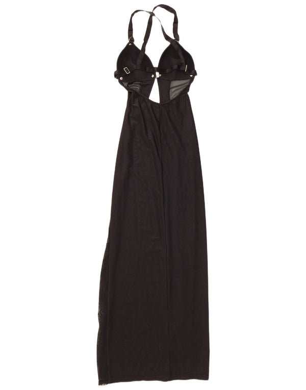 Vintage Damen Neckholder Maxikleid UK 12 Medium Schwarz Polyamid